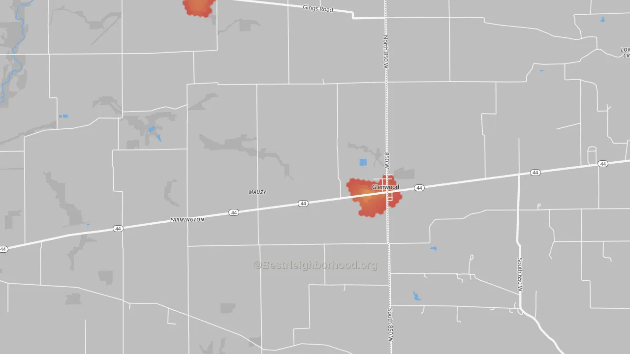 Walk Grade map of Mauzy, IN, walkable areas in green and car-dependent areas in red