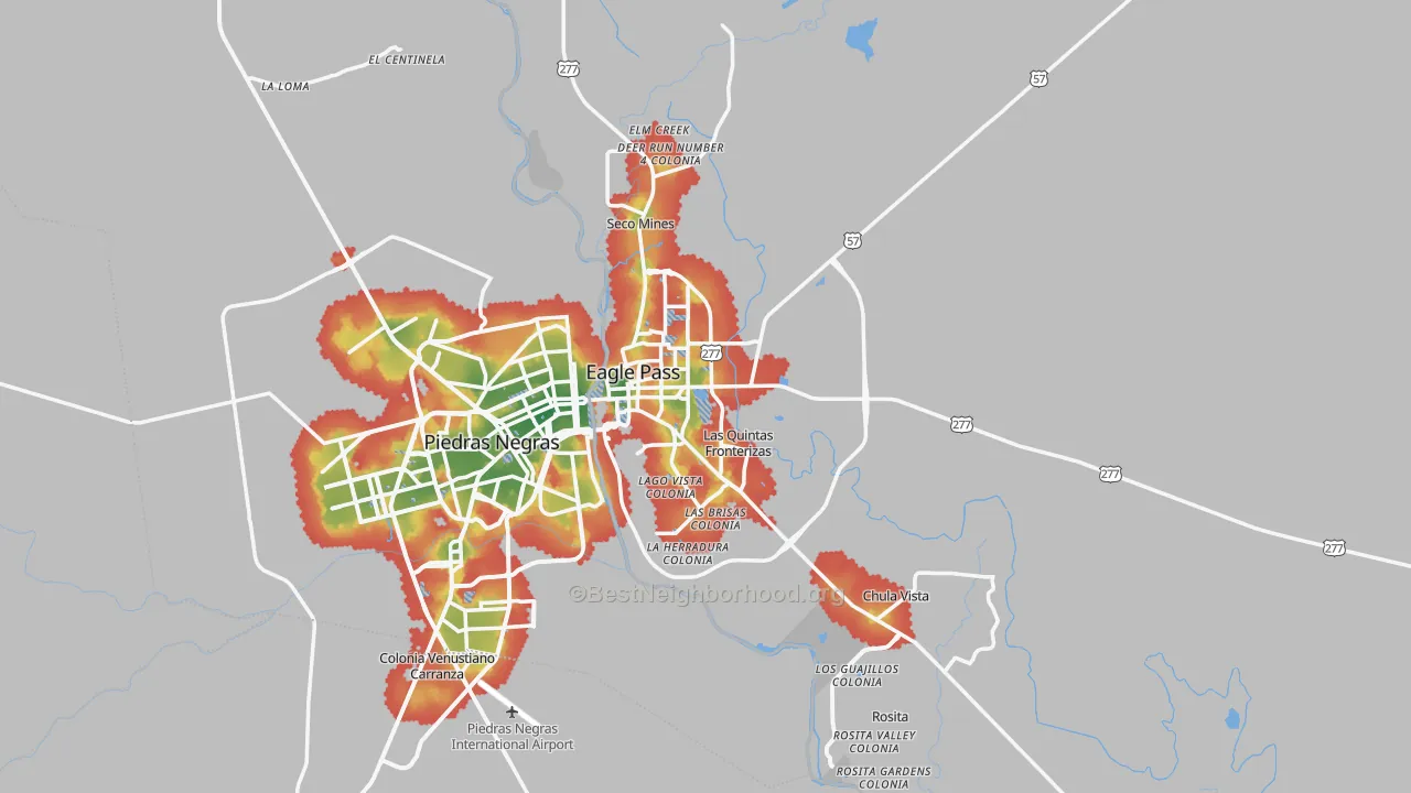 Walk Grade map of Maverick County, TX, walkable areas in green and car-dependent areas in red