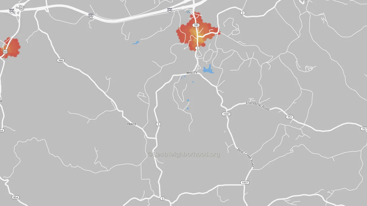 Walk Grade map of Mavity, KY, walkable areas in green and car-dependent areas in red