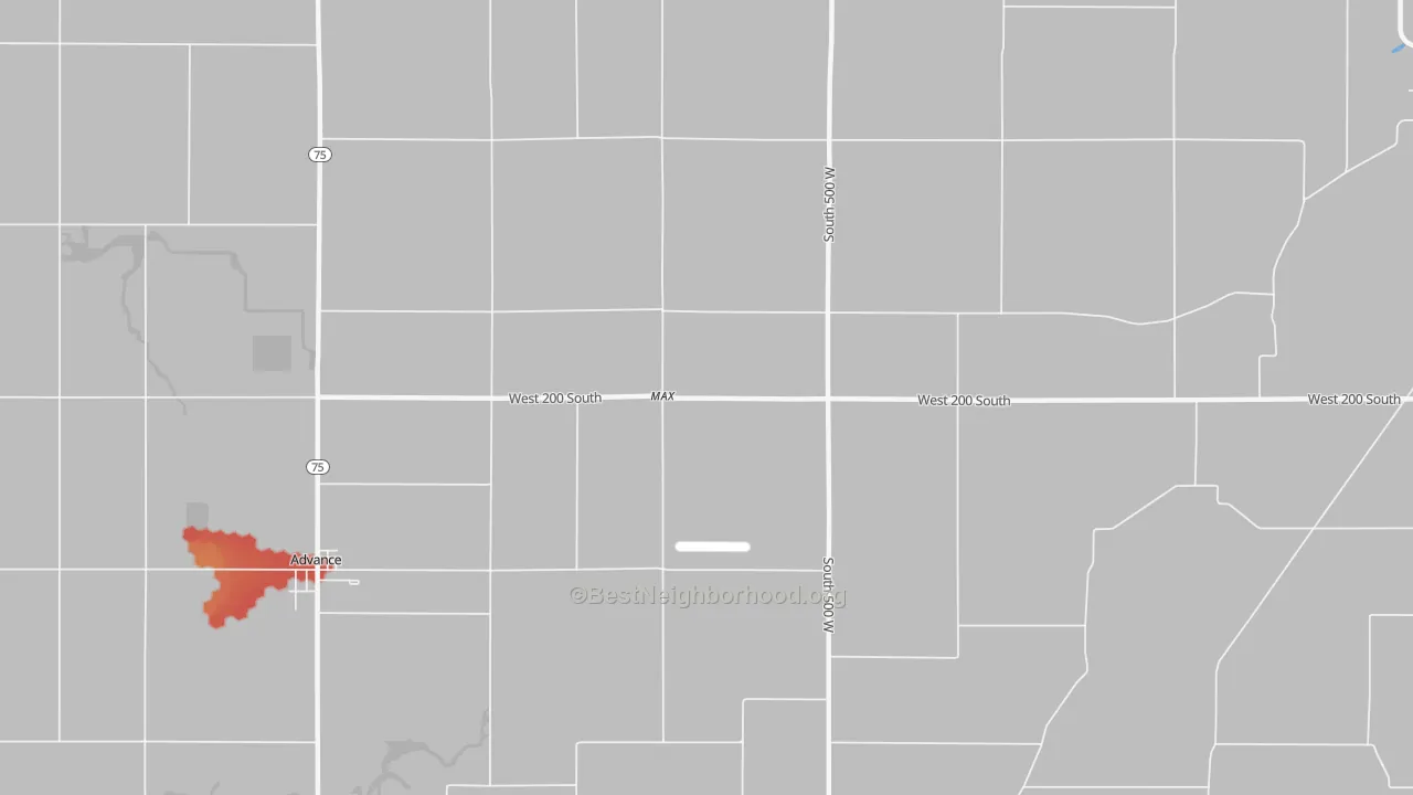 Walk Grade map of Max, IN, walkable areas in green and car-dependent areas in red