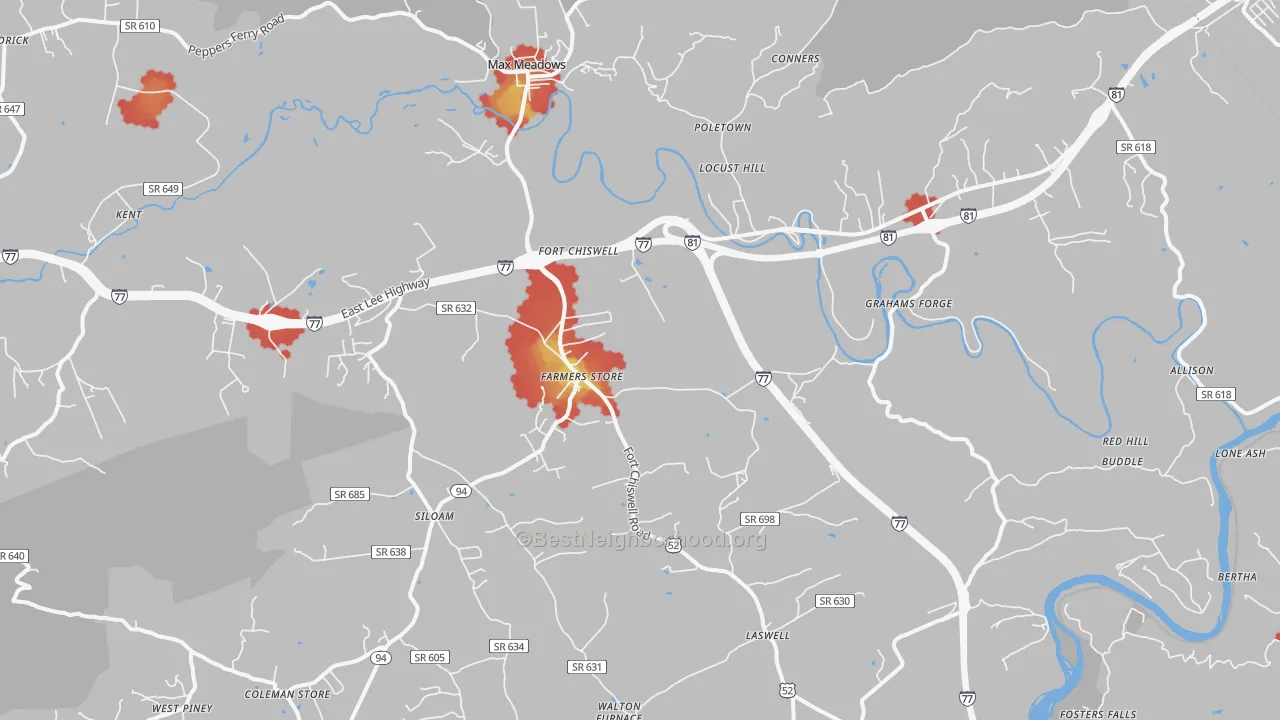 Walk Grade map of Max Meadows, VA, walkable areas in green and car-dependent areas in red
