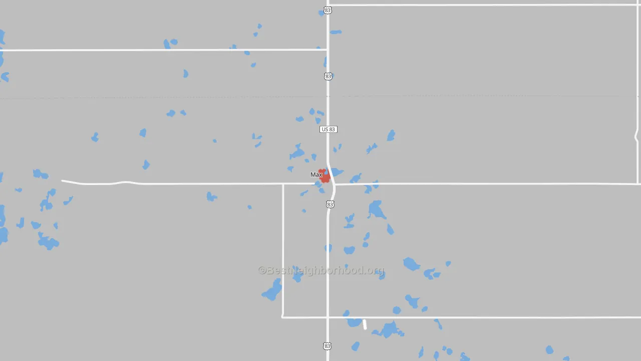 Walk Grade map of Max, ND, walkable areas in green and car-dependent areas in red