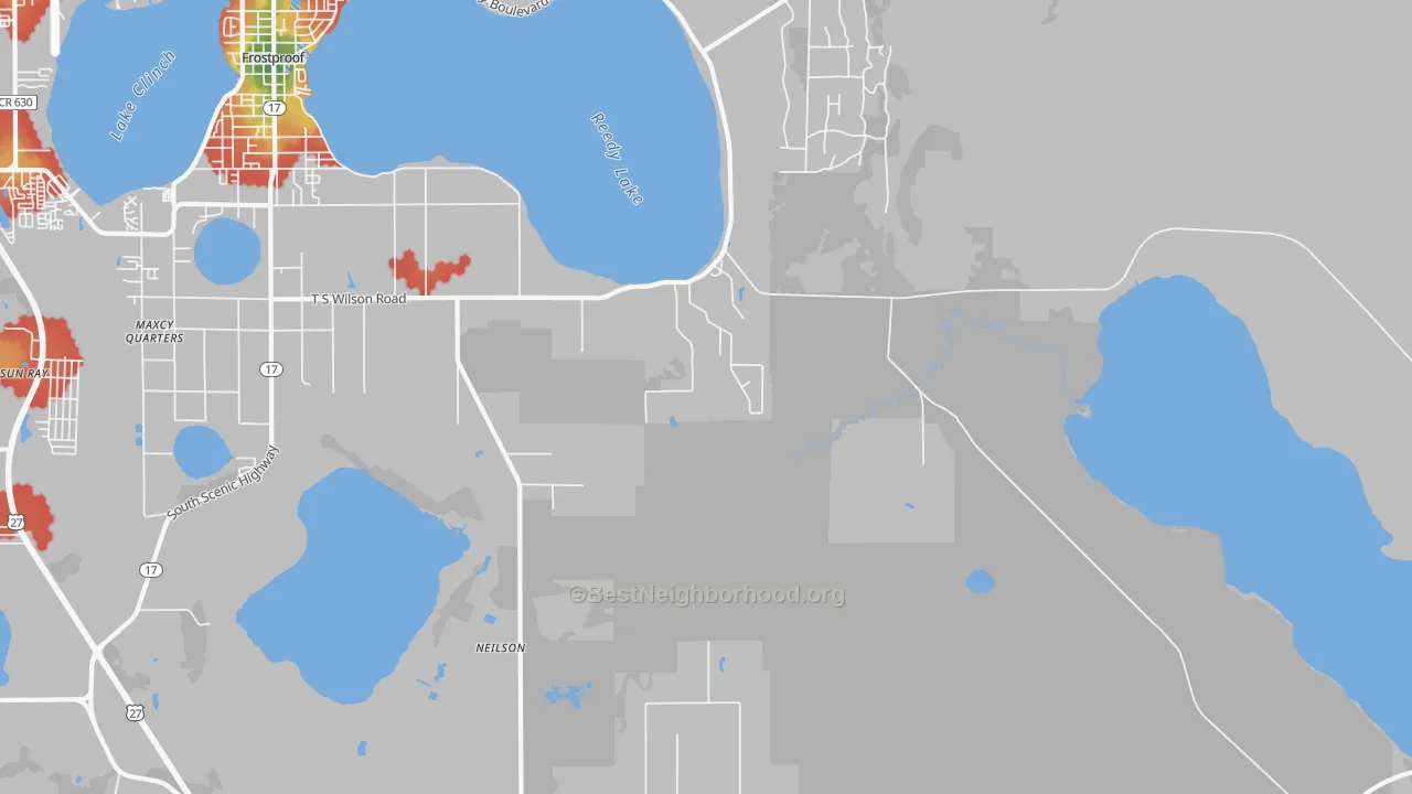 Walk Grade map of Maxcy Quarters, FL, walkable areas in green and car-dependent areas in red