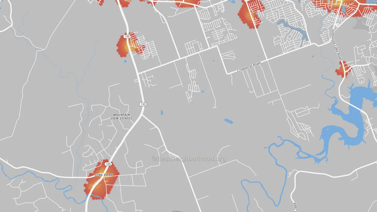 Walk Grade map of Maxdale, TX, walkable areas in green and car-dependent areas in red