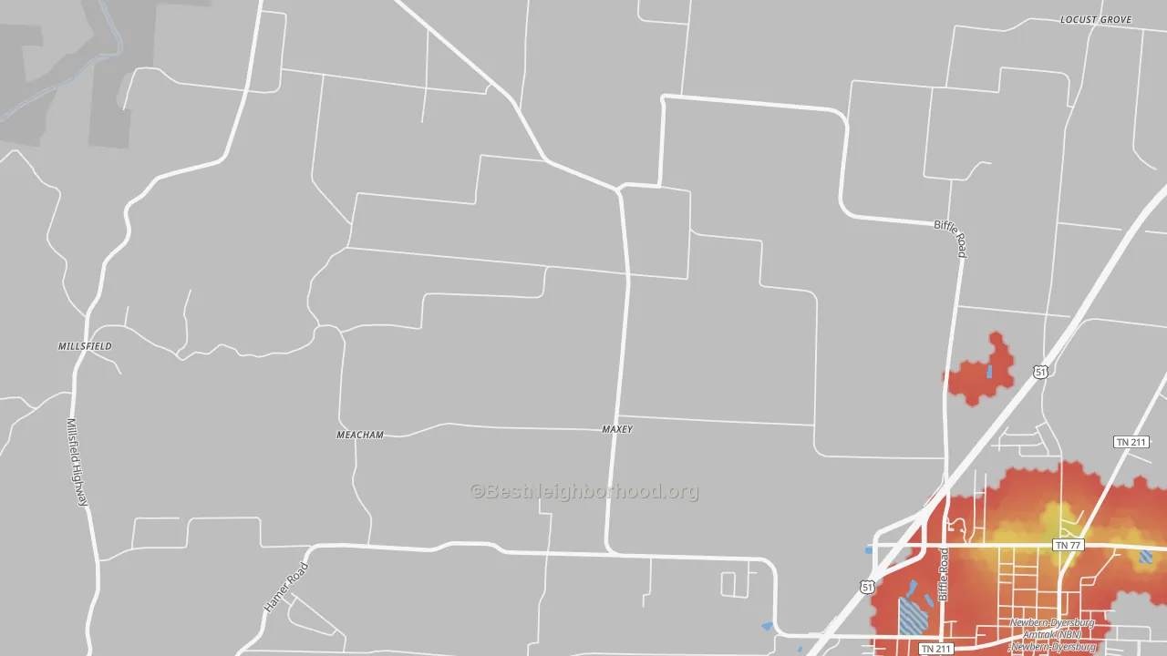 Walk Grade map of Maxey, TN, walkable areas in green and car-dependent areas in red