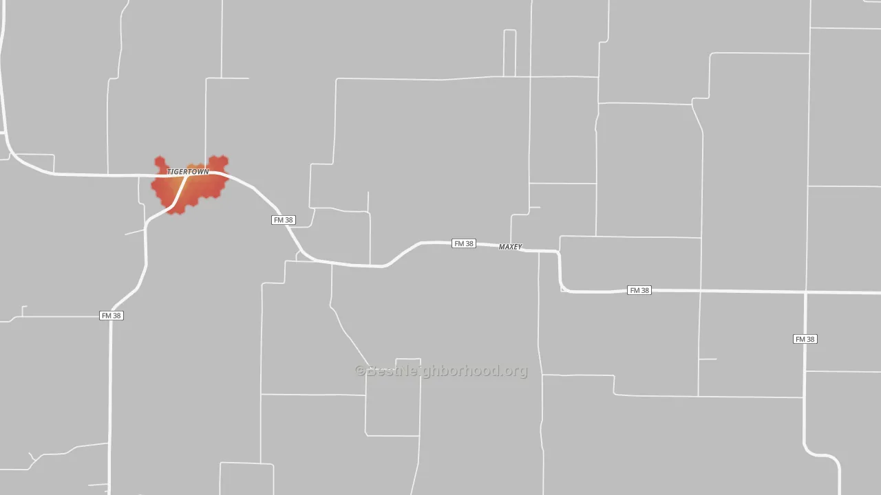Walk Grade map of Maxey, TX, walkable areas in green and car-dependent areas in red