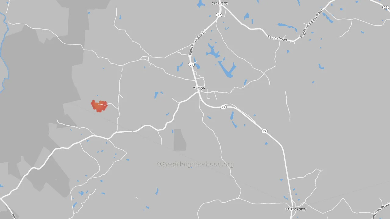 Walk Grade map of Maxeys, GA, walkable areas in green and car-dependent areas in red