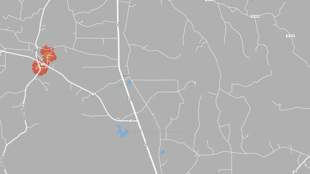 Walk Grade map of Maxie, MS, walkable areas in green and car-dependent areas in red