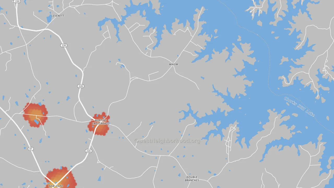 Walk Grade map of Maxim, GA, walkable areas in green and car-dependent areas in red