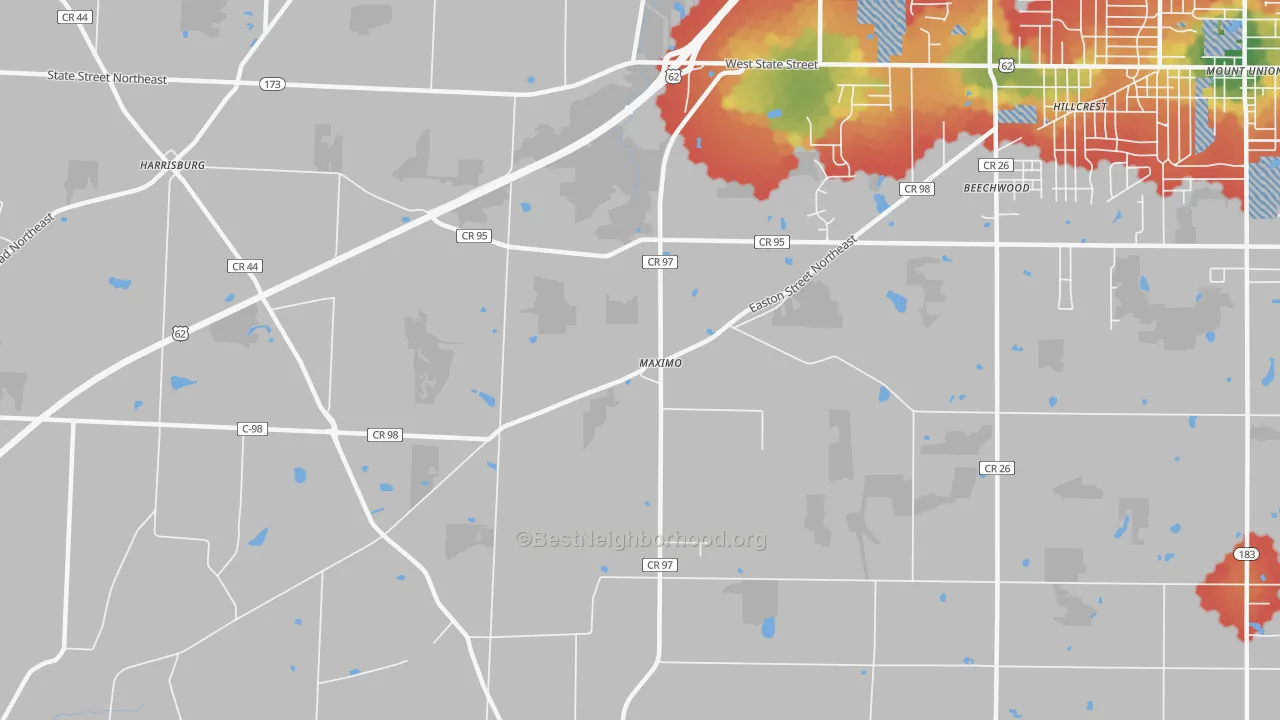 Walk Grade map of Maximo, OH, walkable areas in green and car-dependent areas in red