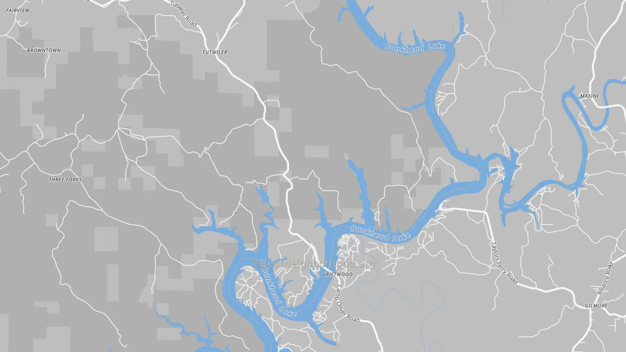 Walk Grade map of Maxine, AL, walkable areas in green and car-dependent areas in red