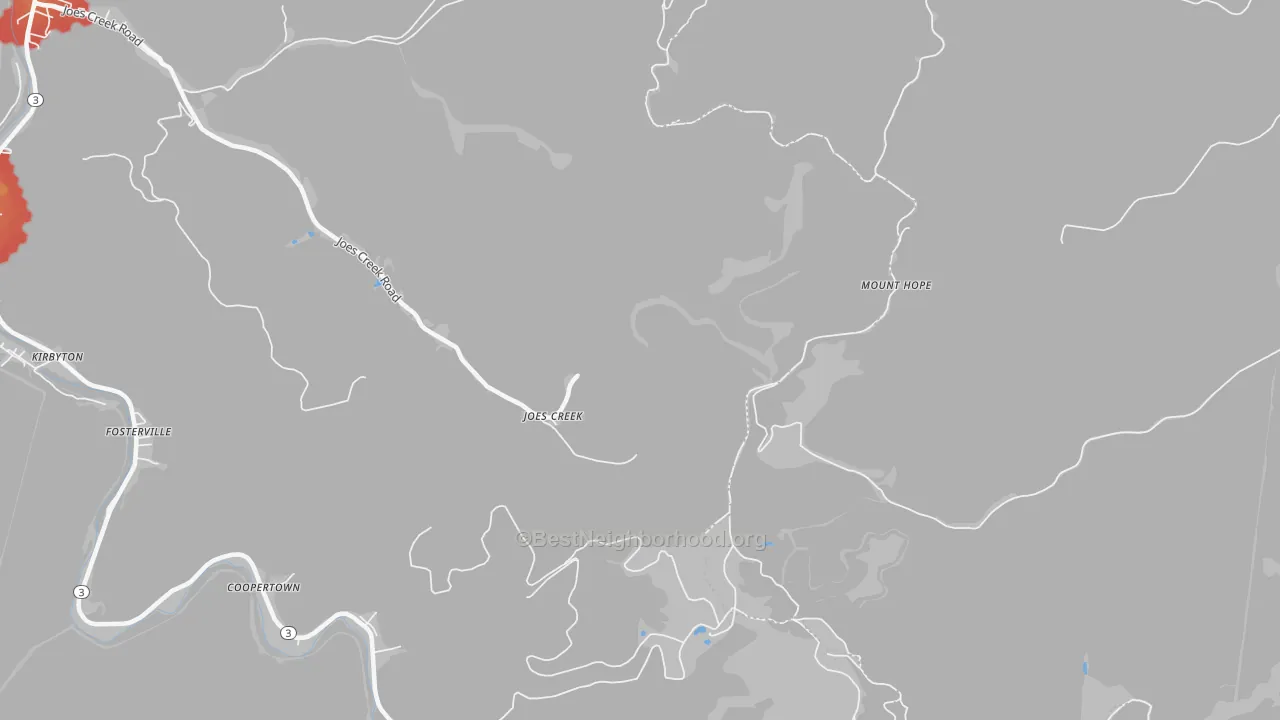 Walk Grade map of Maxine, WV, walkable areas in green and car-dependent areas in red