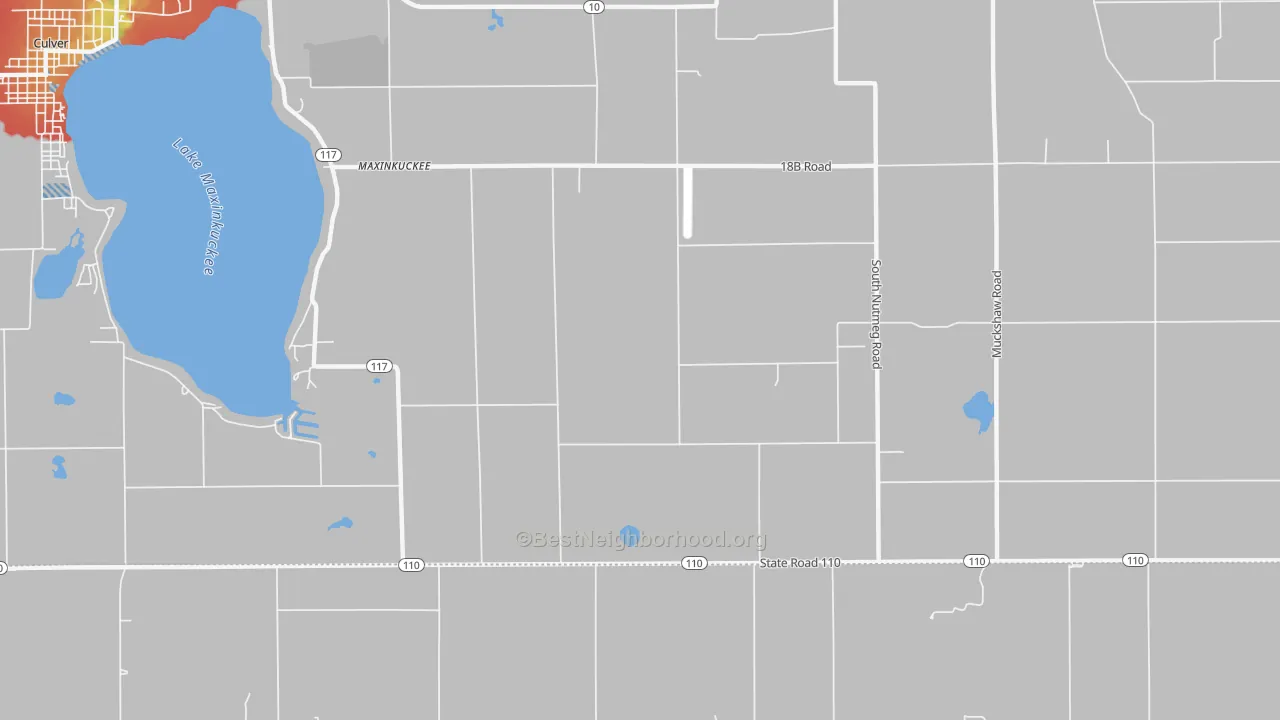 Walk Grade map of Maxinkuckee, IN, walkable areas in green and car-dependent areas in red