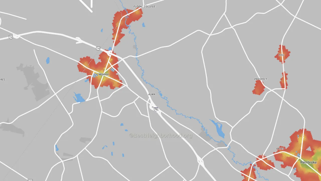 Walk Grade map of Maxton, NC, walkable areas in green and car-dependent areas in red