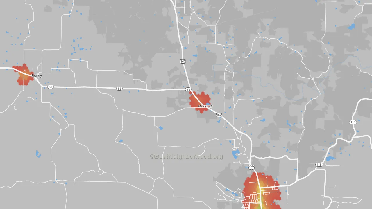 Walk Grade map of Maxville, AR, walkable areas in green and car-dependent areas in red