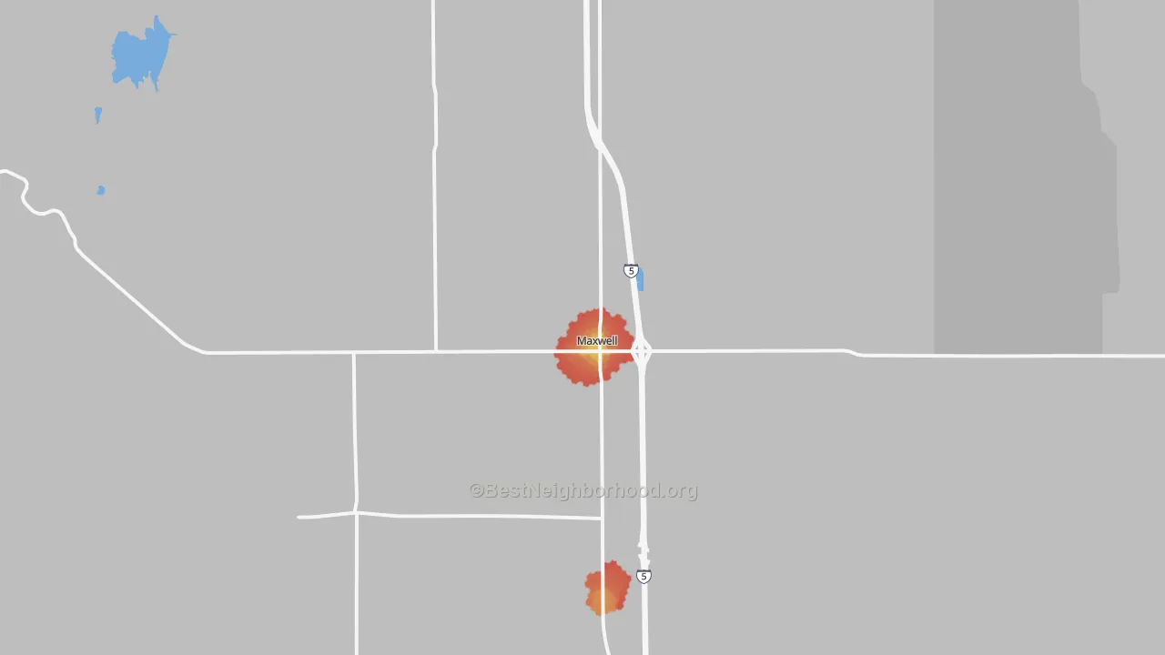 Walk Grade map of Maxwell, CA, walkable areas in green and car-dependent areas in red