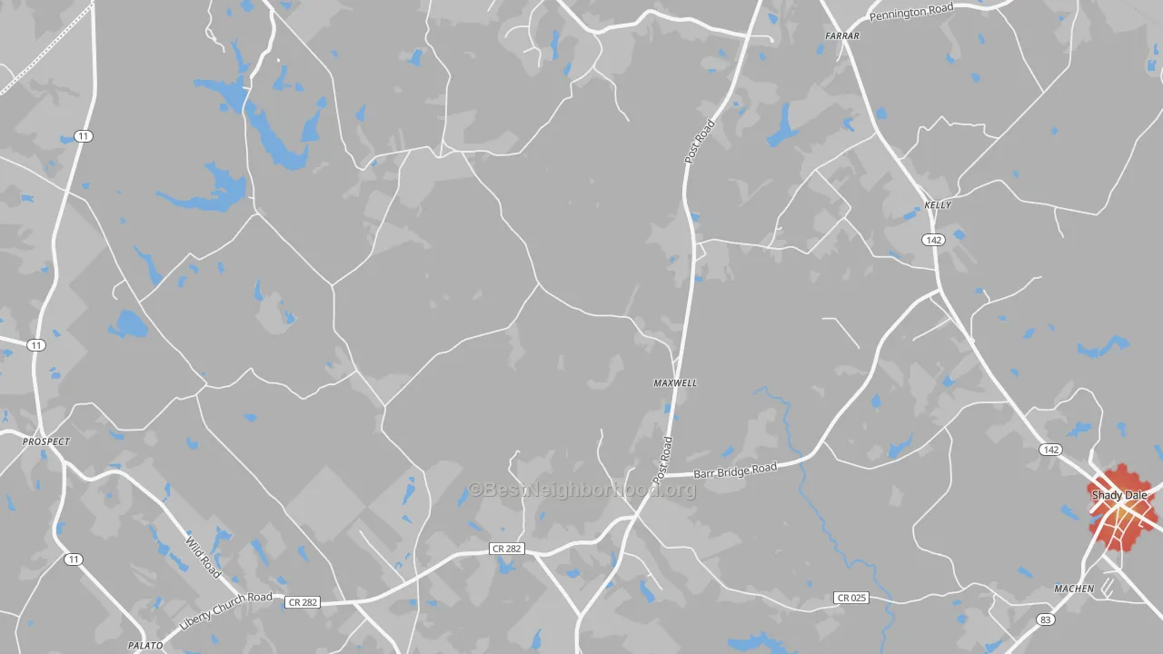 Walk Grade map of Maxwell, GA, walkable areas in green and car-dependent areas in red