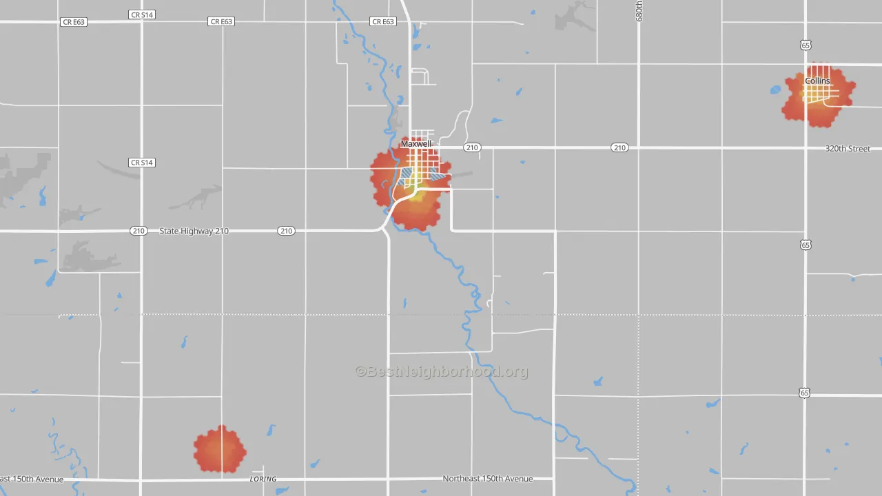 Walk Grade map of Maxwell, IA, walkable areas in green and car-dependent areas in red