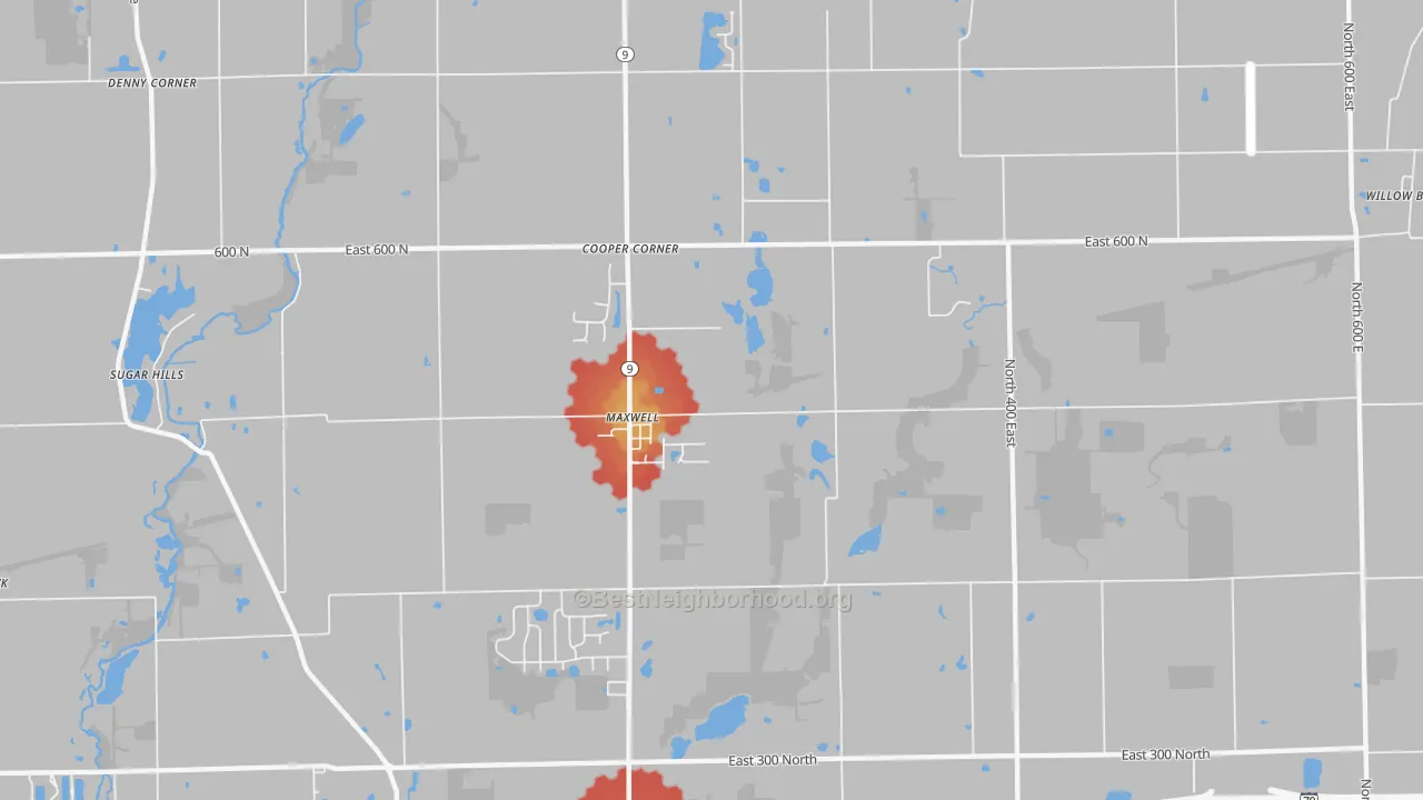 Walk Grade map of Maxwell, IN, walkable areas in green and car-dependent areas in red