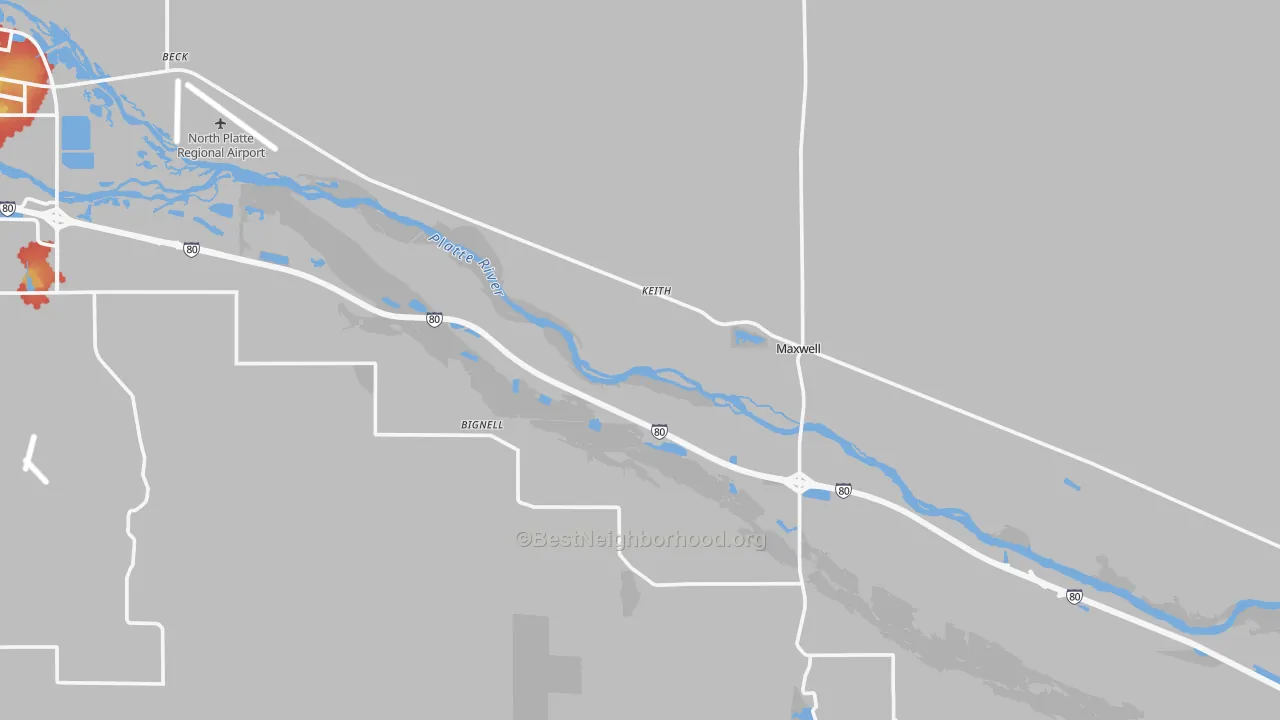 Walk Grade map of Maxwell, NE, walkable areas in green and car-dependent areas in red