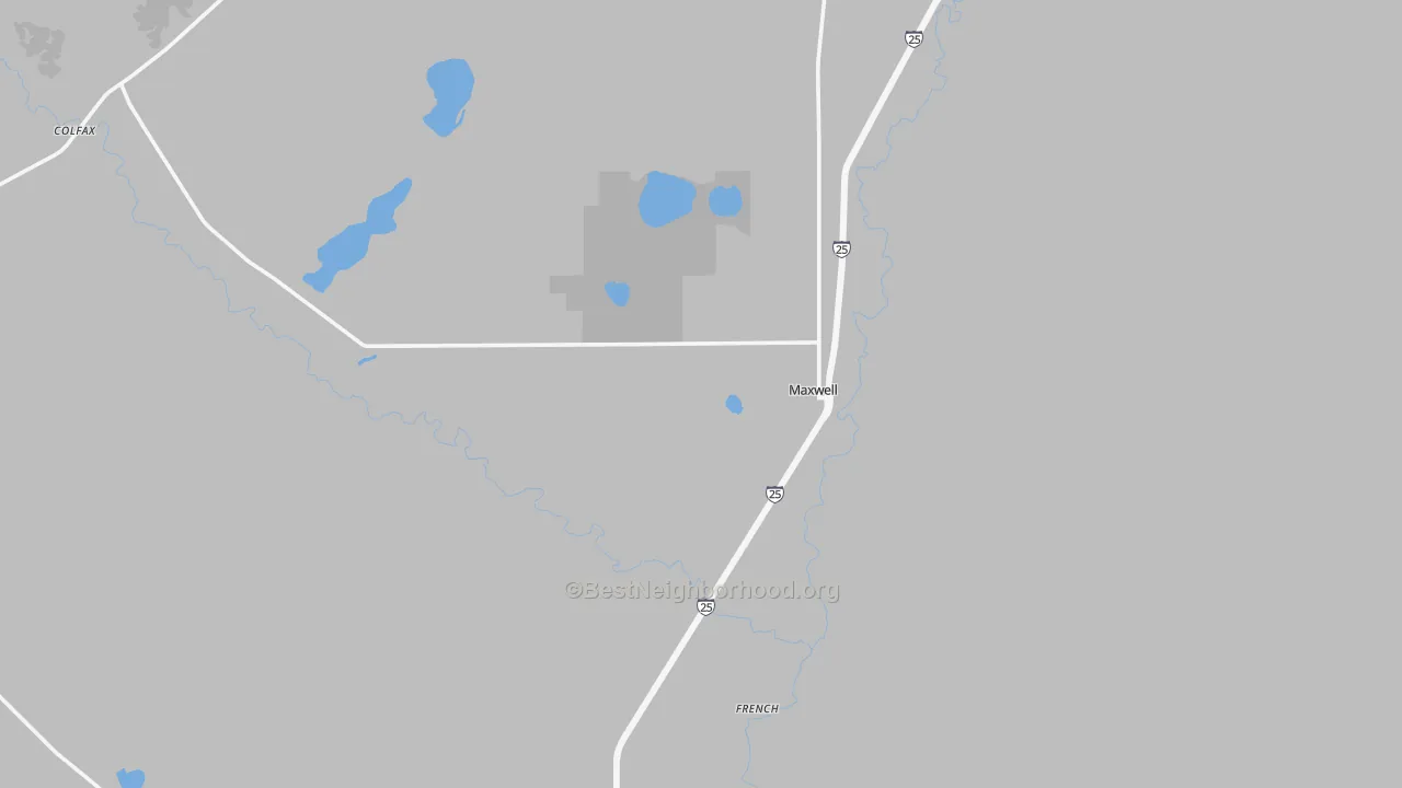 Walk Grade map of Maxwell, NM, walkable areas in green and car-dependent areas in red