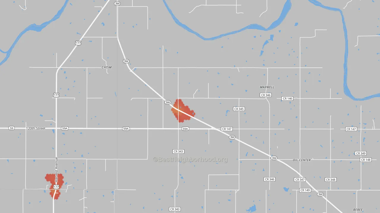 Walk Grade map of Maxwell, OK, walkable areas in green and car-dependent areas in red