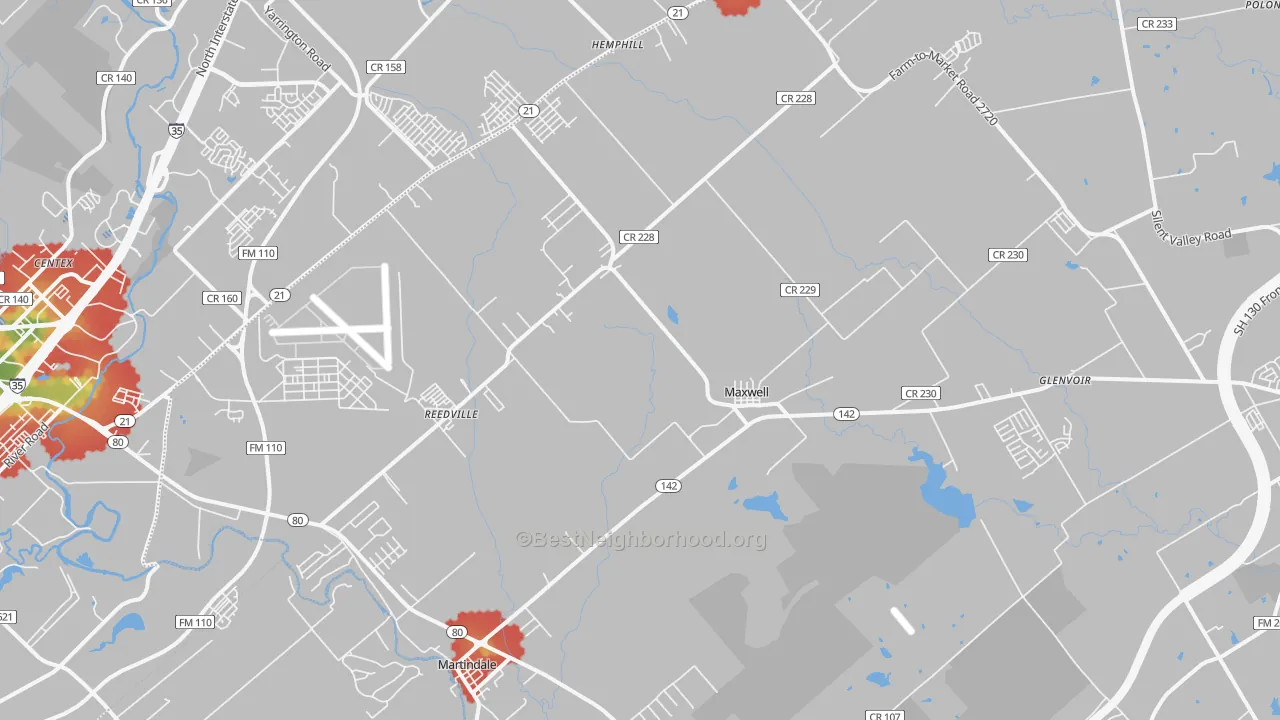 Walk Grade map of Maxwell, TX, walkable areas in green and car-dependent areas in red