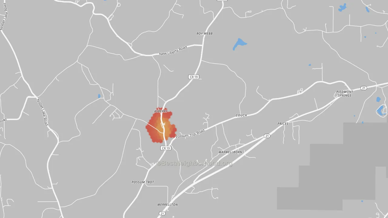 Walk Grade map of Maxwellborn, AL, walkable areas in green and car-dependent areas in red