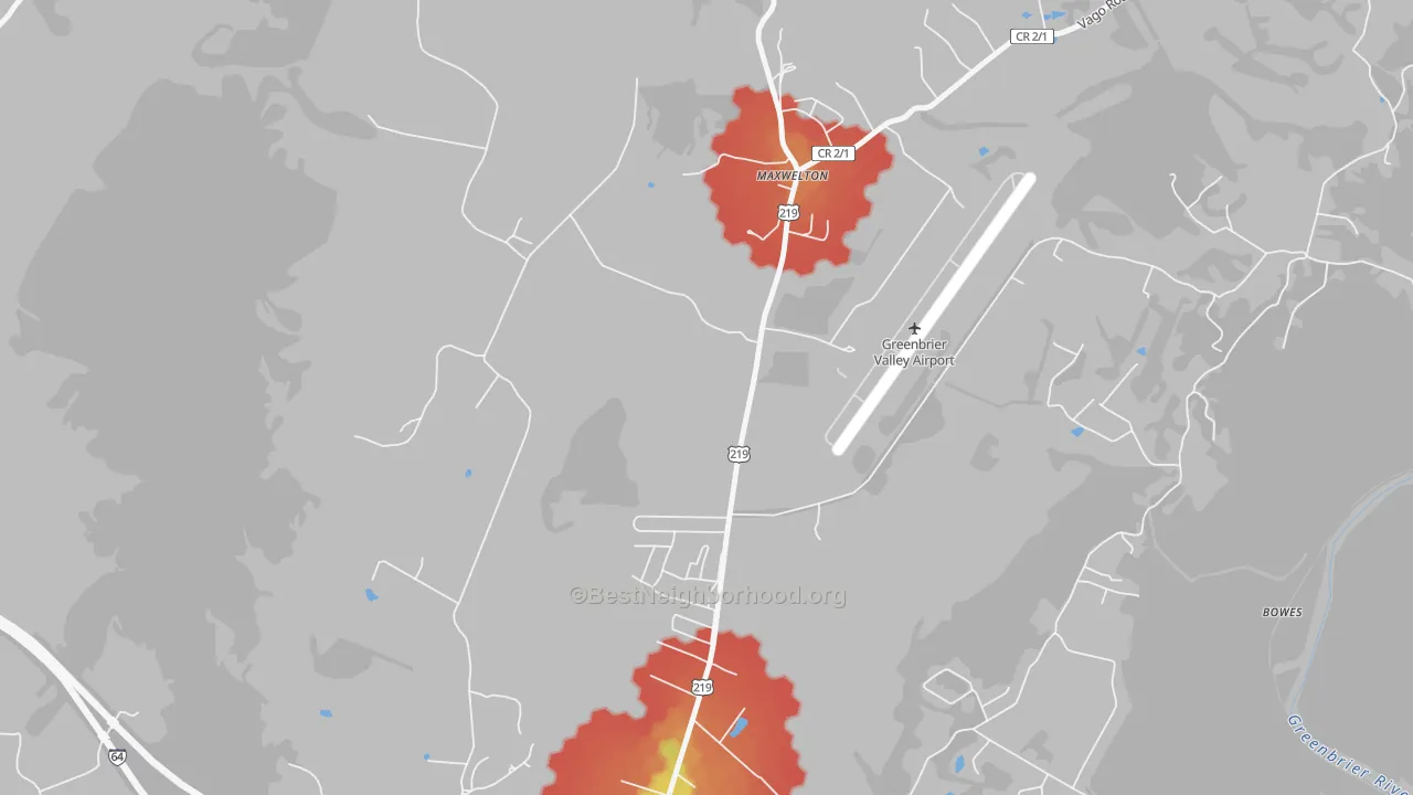 Walk Grade map of Maxwelton, WV, walkable areas in green and car-dependent areas in red