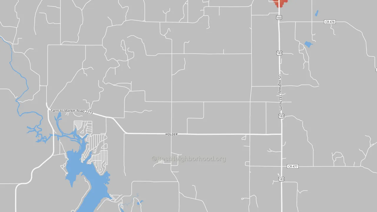 Walk Grade map of May, TX, walkable areas in green and car-dependent areas in red