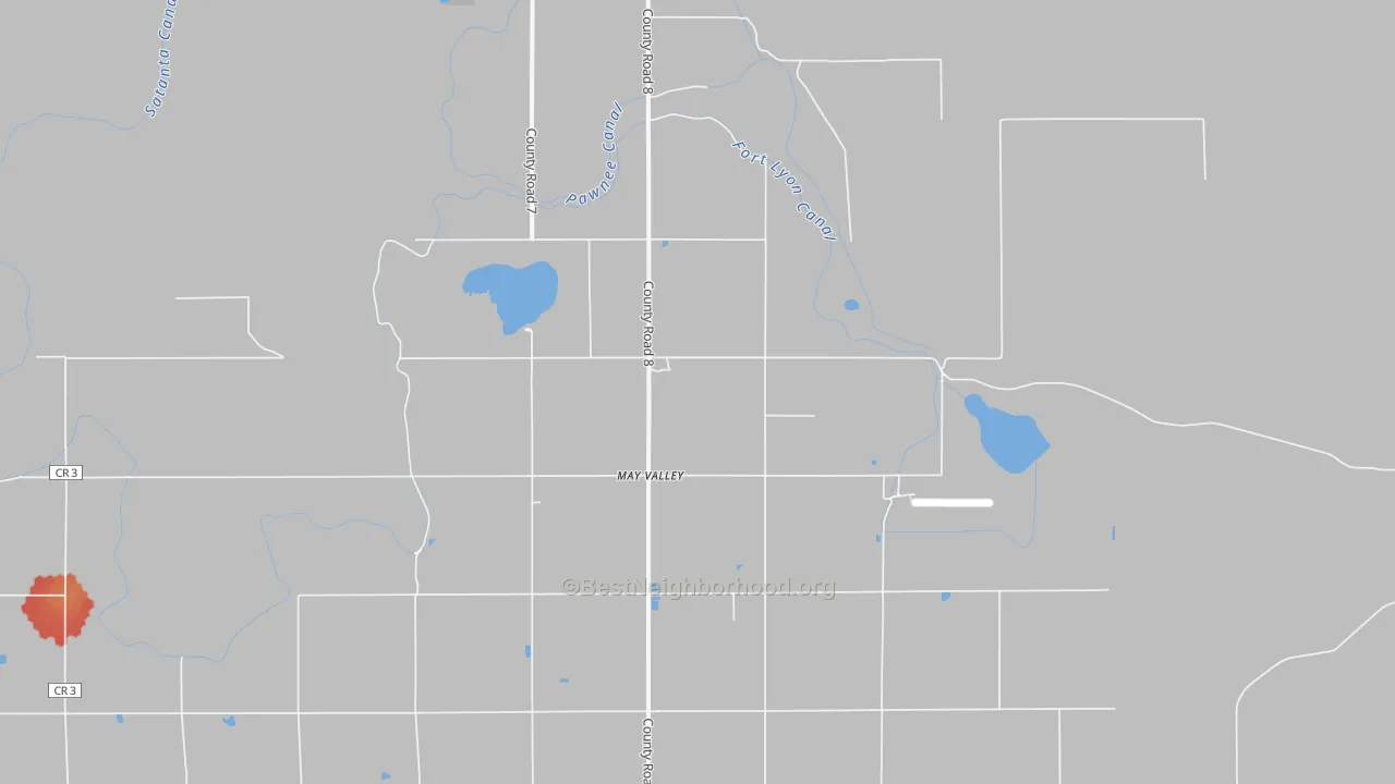 Walk Grade map of May Valley, CO, walkable areas in green and car-dependent areas in red