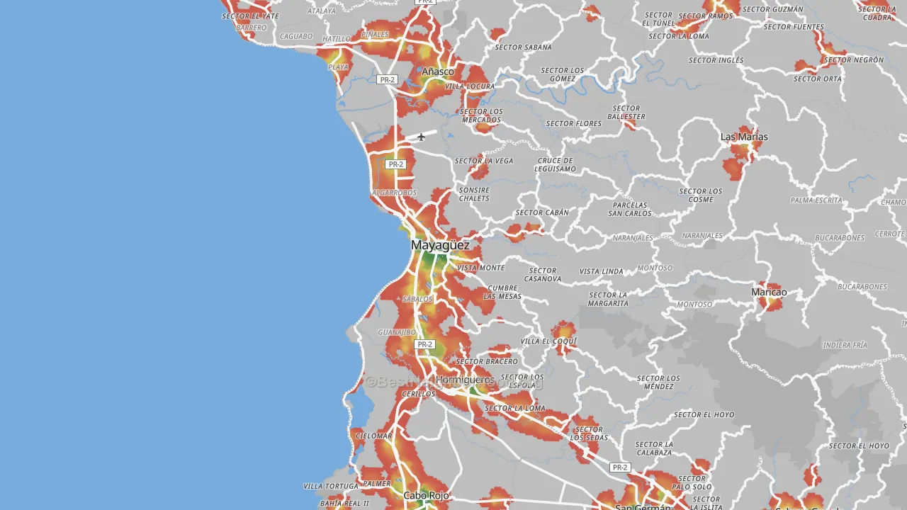 Walk Grade map of Mayaguez Municipio, PR, walkable areas in green and car-dependent areas in red