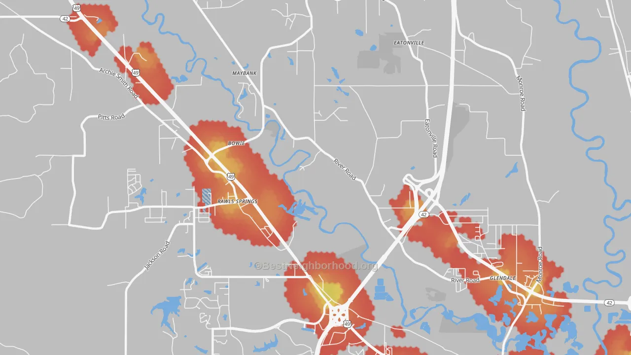 Walk Grade map of Maybank, MS, walkable areas in green and car-dependent areas in red