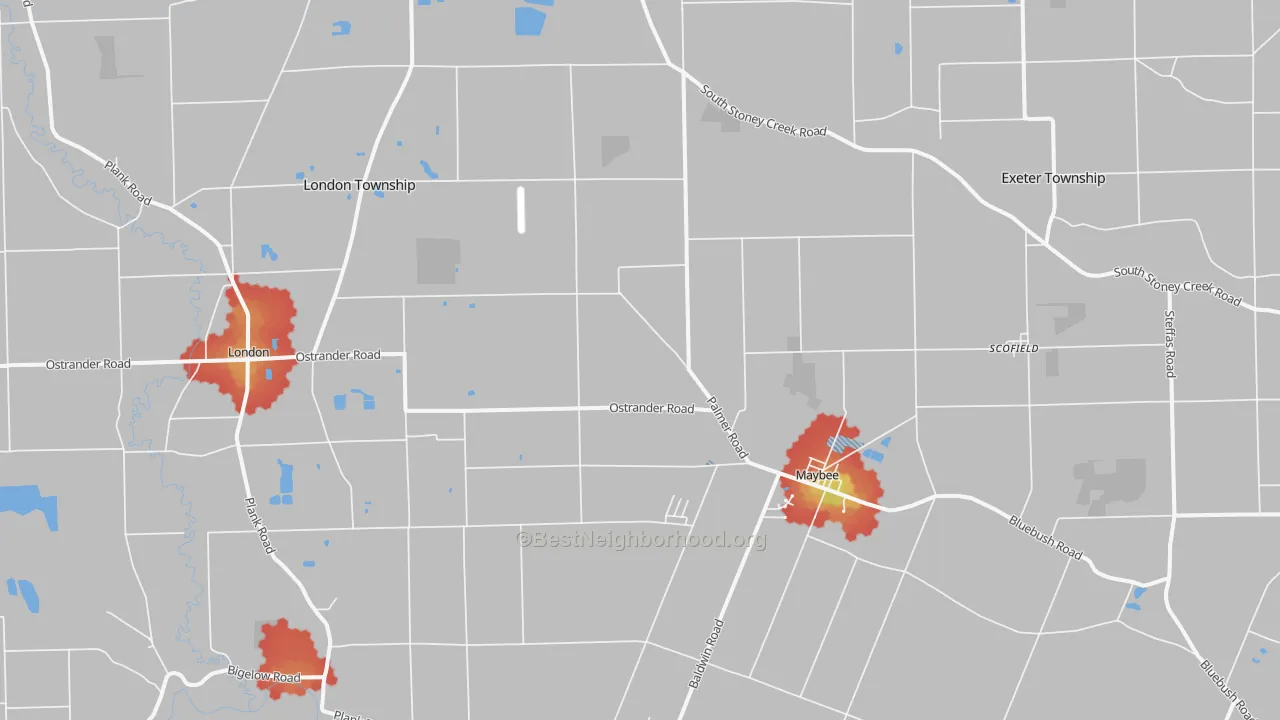 Walk Grade map of Maybee, MI, walkable areas in green and car-dependent areas in red