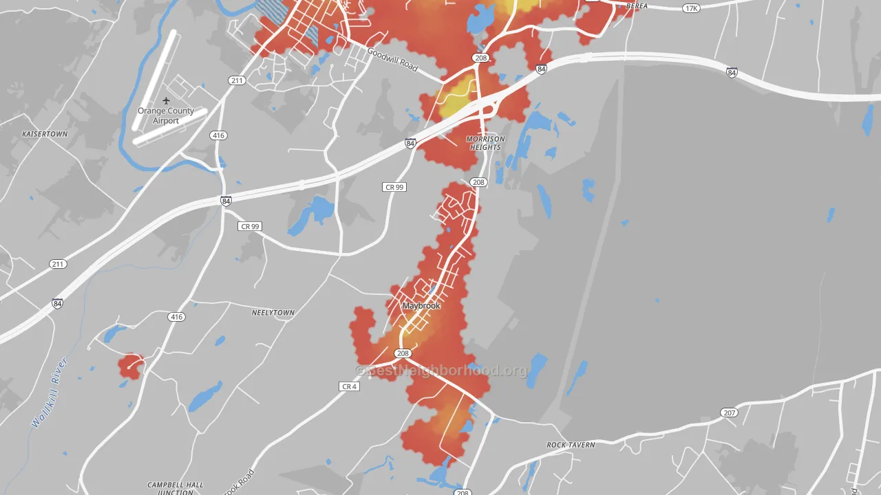 Walk Grade map of Maybrook, NY, walkable areas in green and car-dependent areas in red