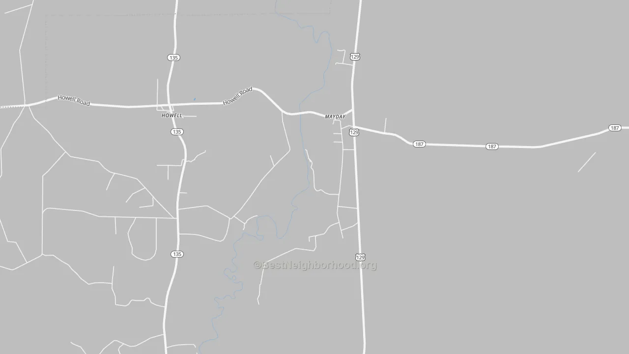 Walk Grade map of Mayday, GA, walkable areas in green and car-dependent areas in red