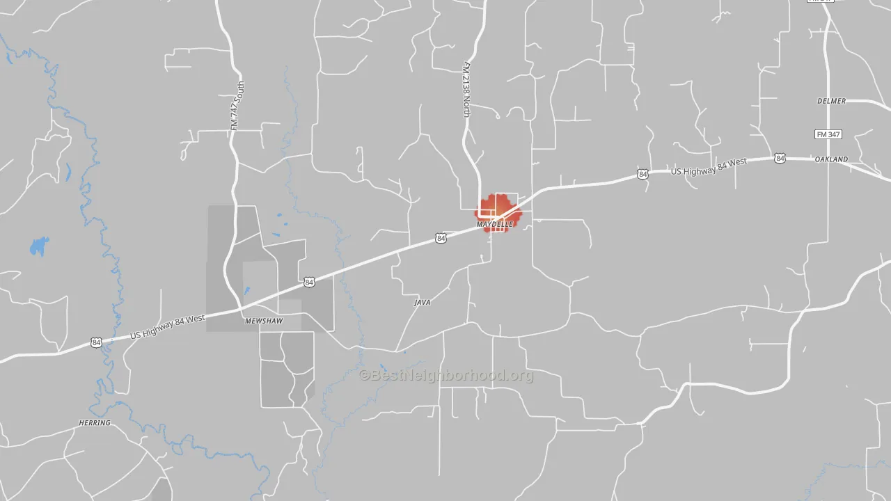 Walk Grade map of Maydelle, TX, walkable areas in green and car-dependent areas in red