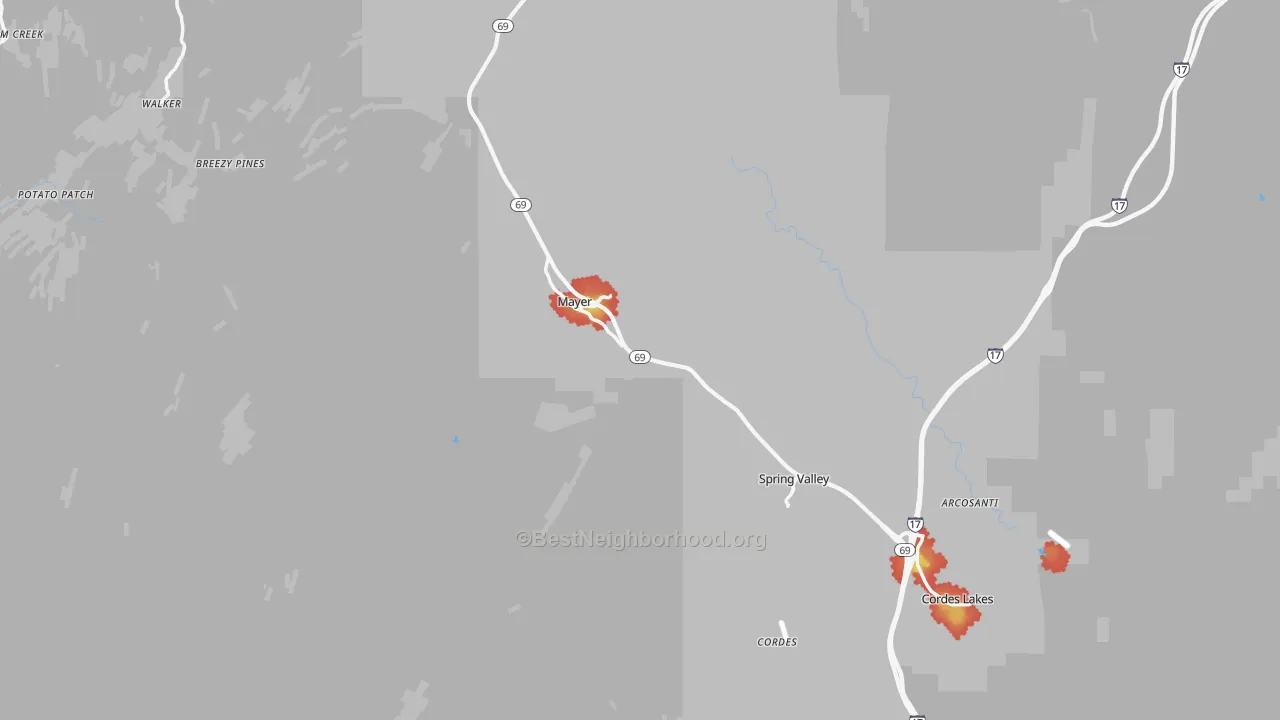 Walk Grade map of Mayer, AZ, walkable areas in green and car-dependent areas in red