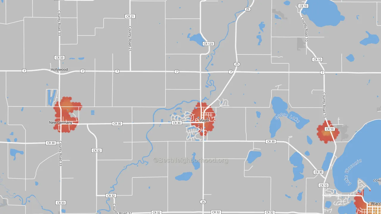 Walk Grade map of Mayer, MN, walkable areas in green and car-dependent areas in red