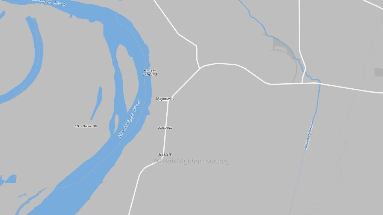 Walk Grade map of Mayersville, MS, walkable areas in green and car-dependent areas in red