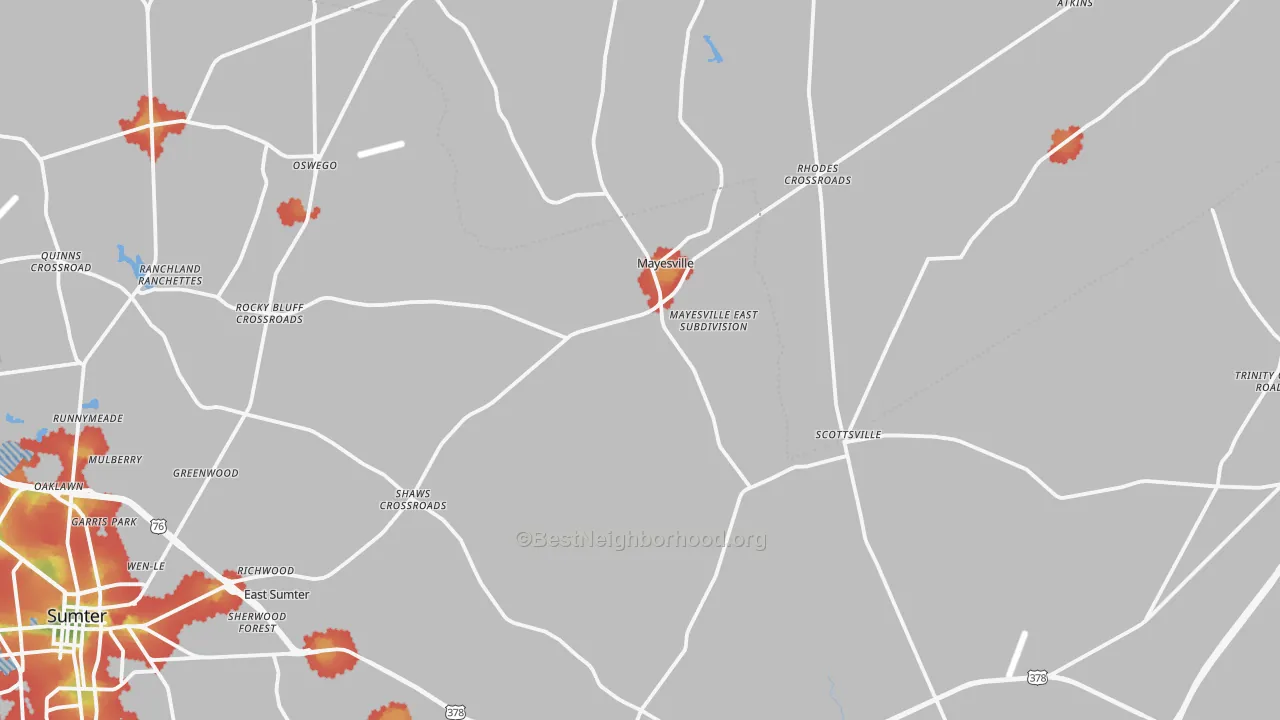 Walk Grade map of Mayesville, SC, walkable areas in green and car-dependent areas in red
