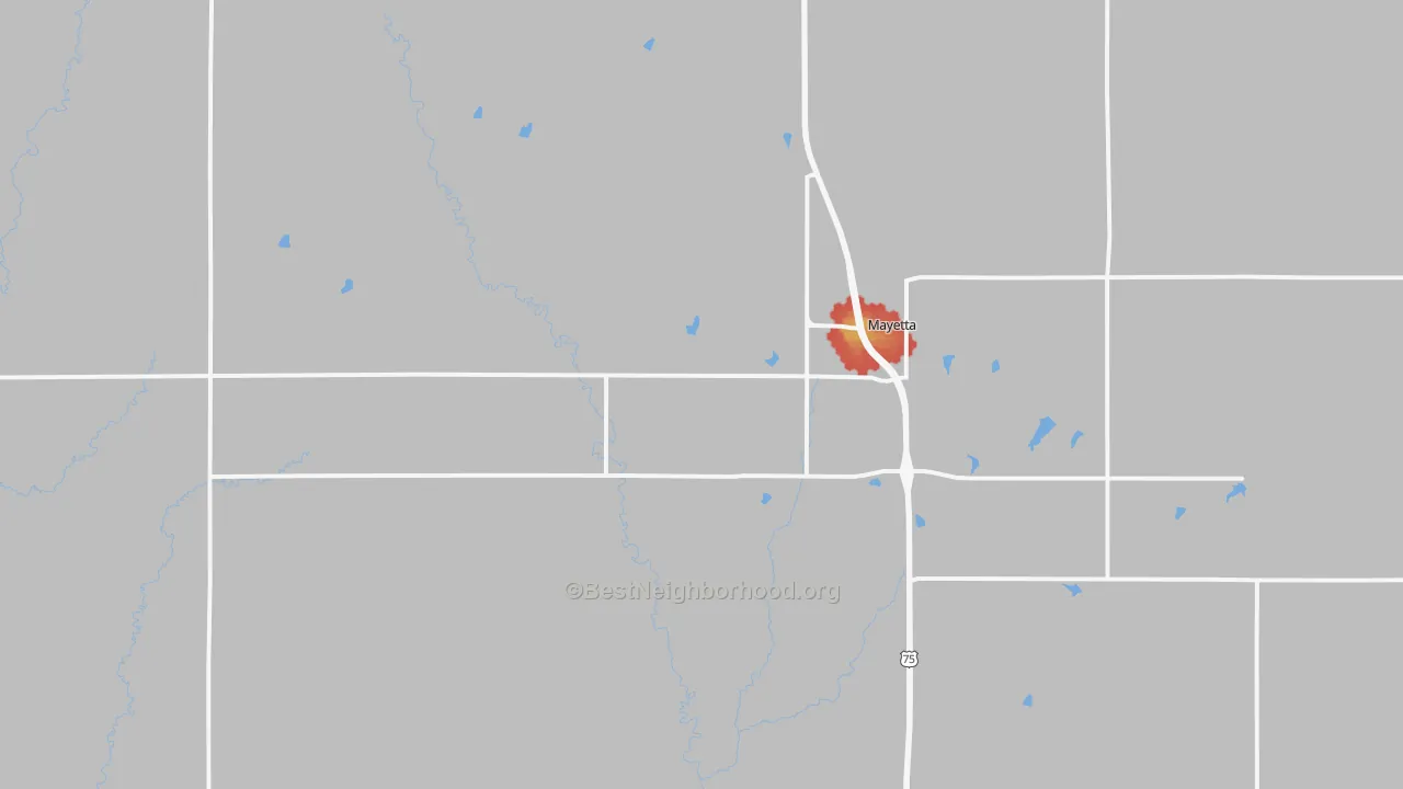 Walk Grade map of Mayetta, KS, walkable areas in green and car-dependent areas in red