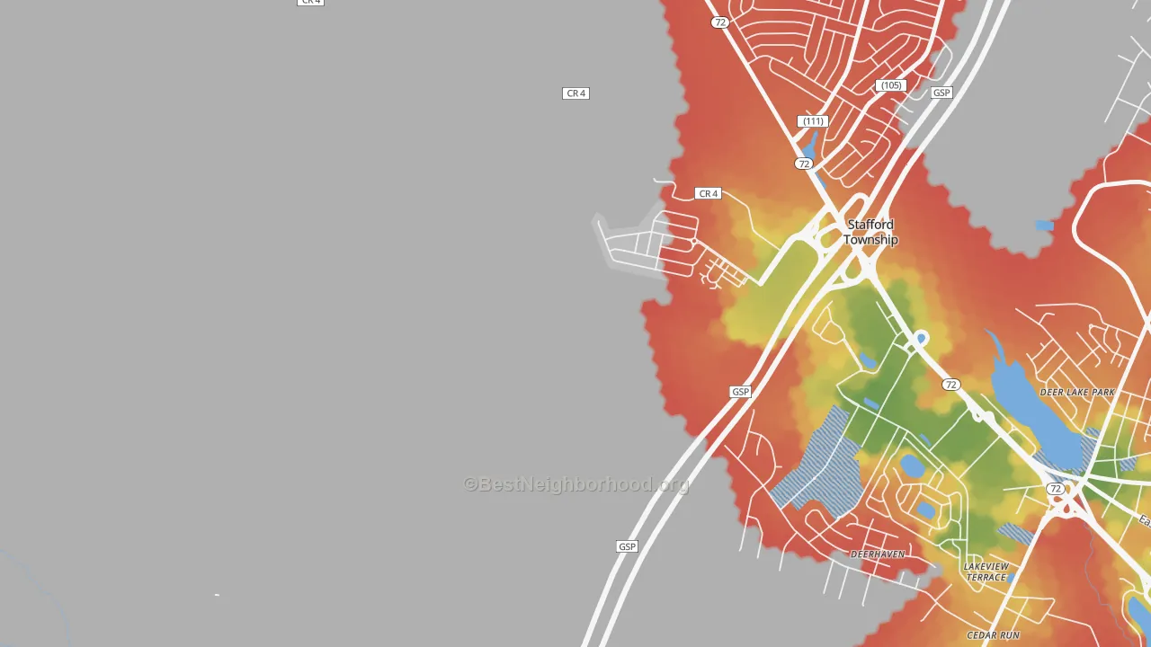 Walk Grade map of Mayetta, NJ, walkable areas in green and car-dependent areas in red