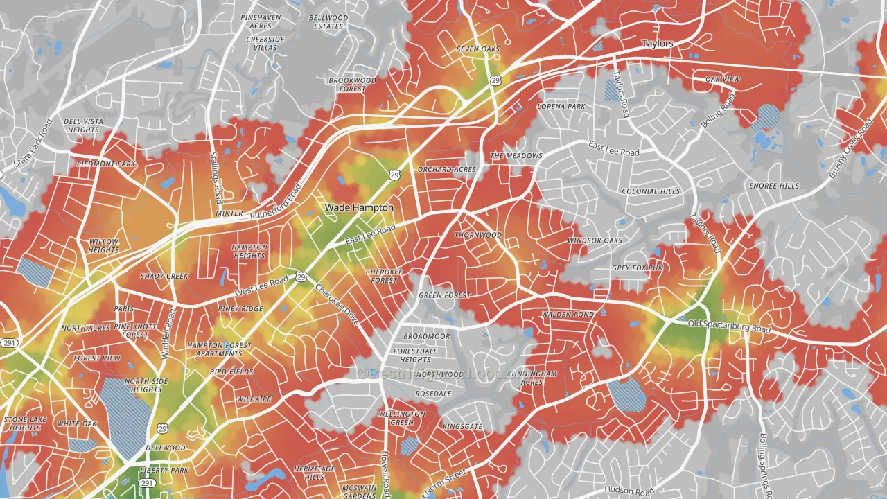 Walk Grade map of Mayfair Estates, Taylors, SC, walkable areas in green and car-dependent areas in red