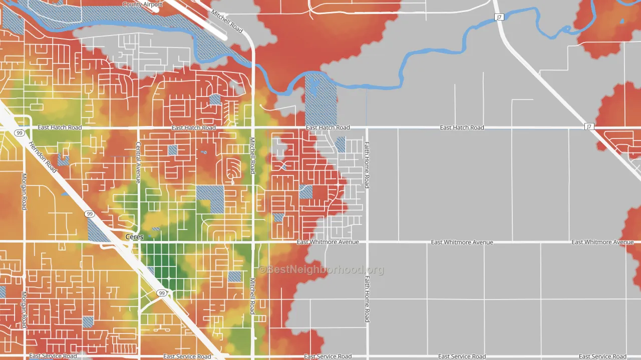 Walk Grade map of Mayfield, Ceres, CA, walkable areas in green and car-dependent areas in red