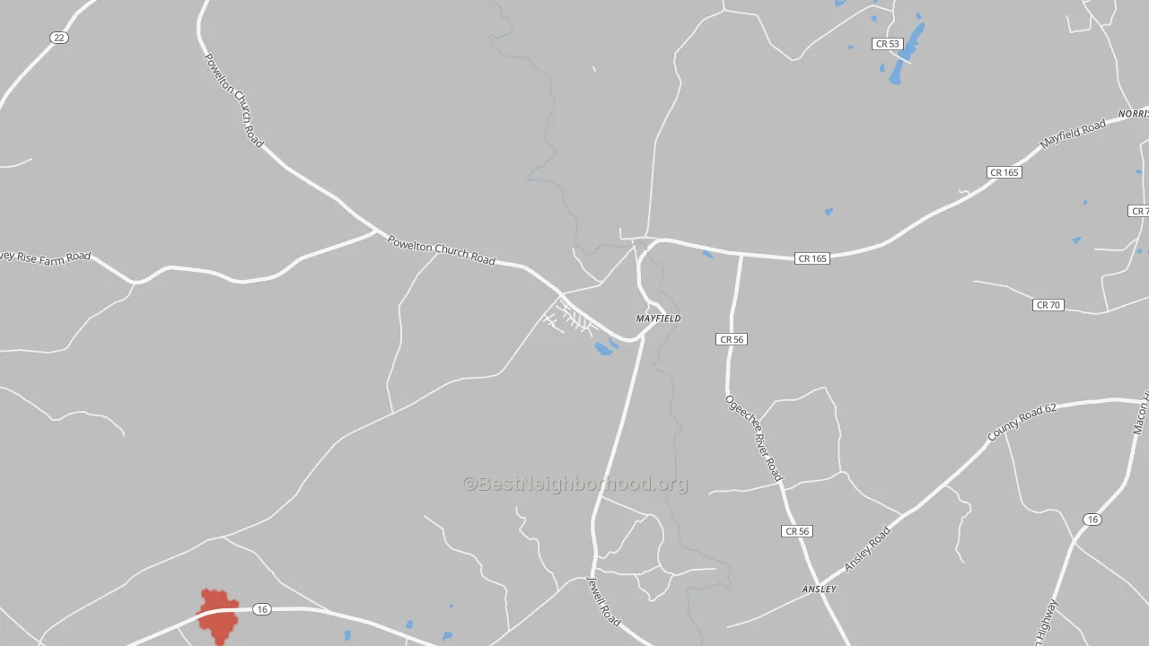 Walk Grade map of Mayfield, GA, walkable areas in green and car-dependent areas in red