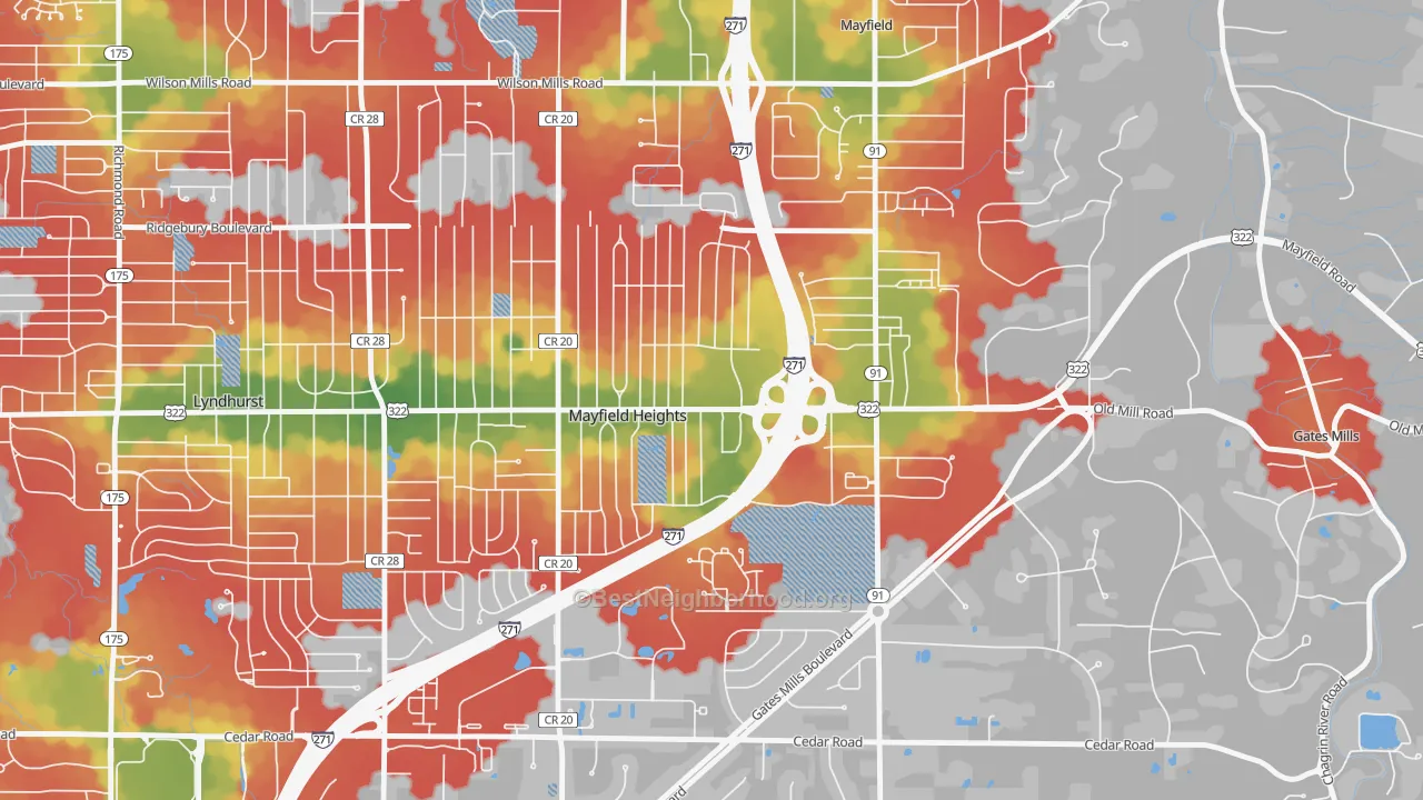 Walk Grade map of Mayfield Heights, OH, walkable areas in green and car-dependent areas in red