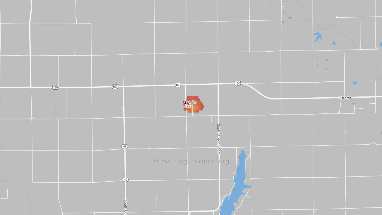 Walk Grade map of Mayfield, KS, walkable areas in green and car-dependent areas in red