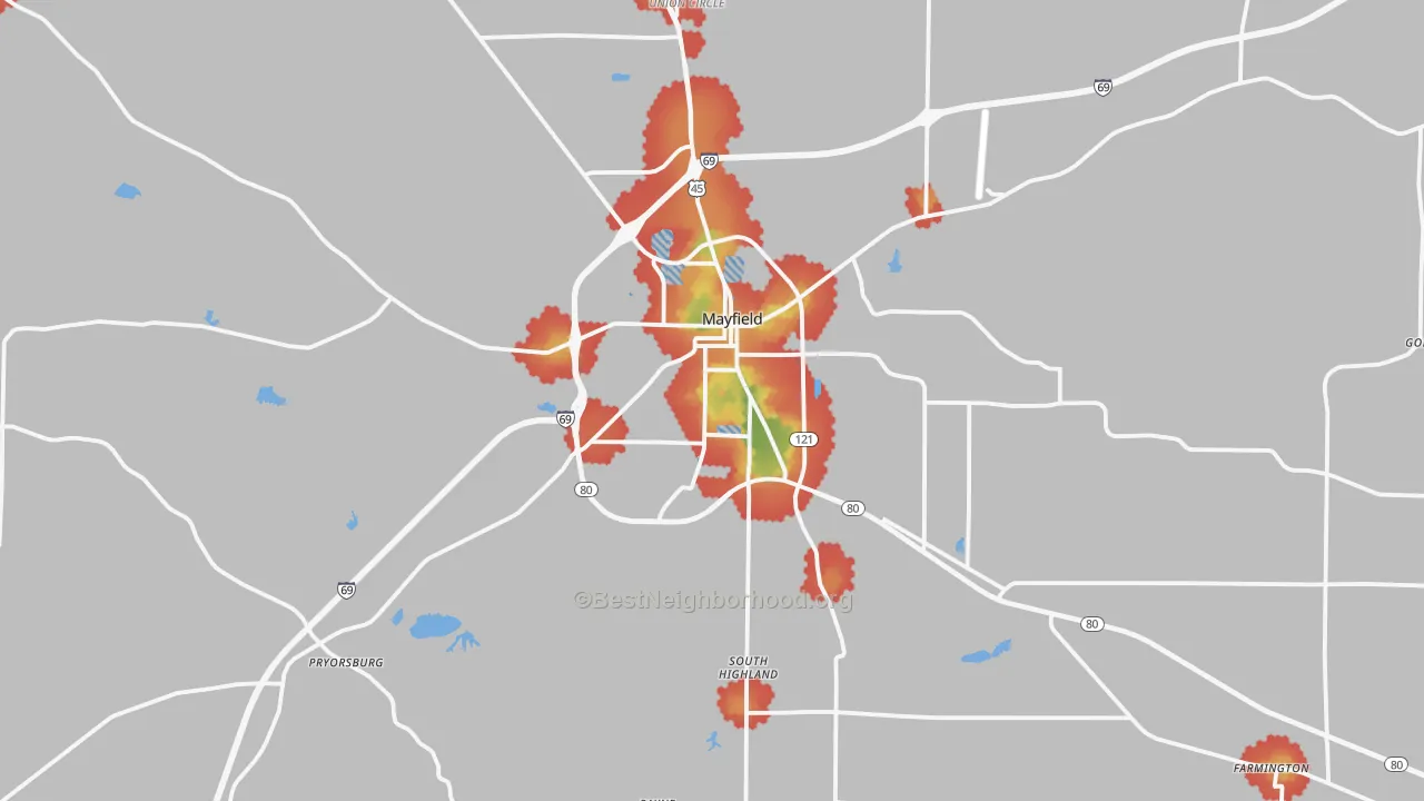 Walk Grade map of Mayfield, KY, walkable areas in green and car-dependent areas in red