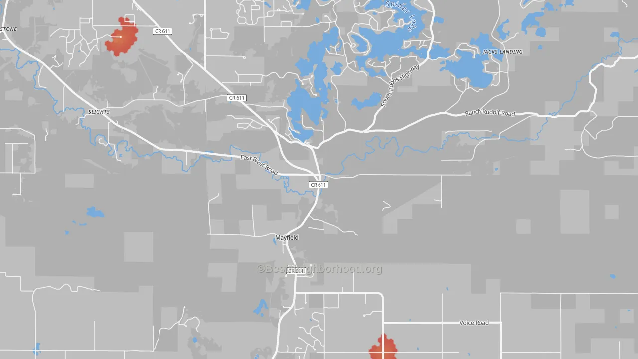Walk Grade map of Mayfield, MI, walkable areas in green and car-dependent areas in red